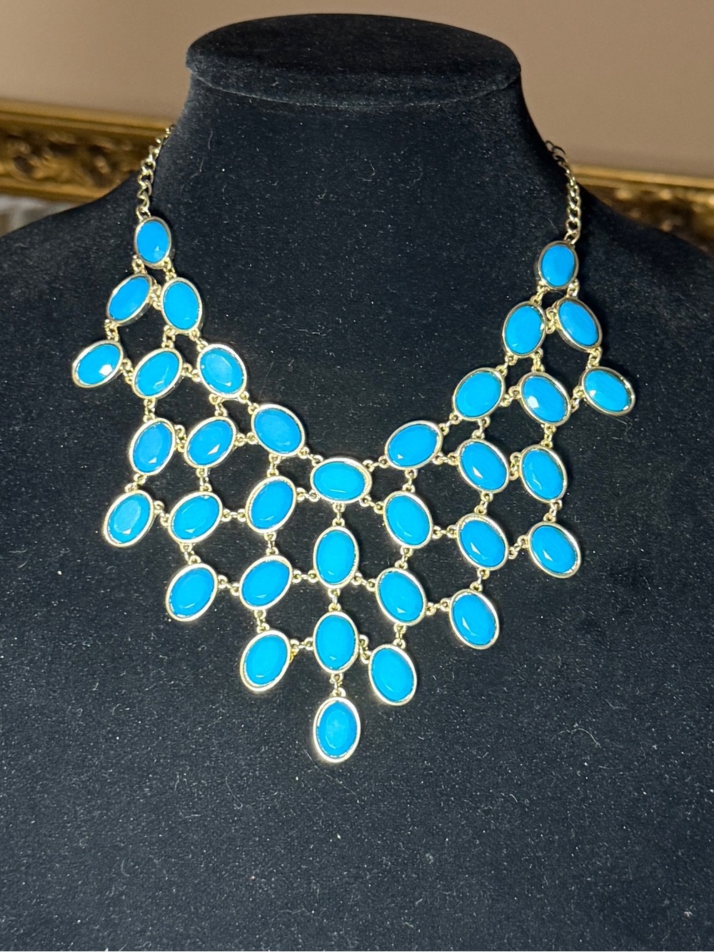 Bold Teal Bib Statement Necklace Gold Tone Layered Boho - Picture 2 of 10